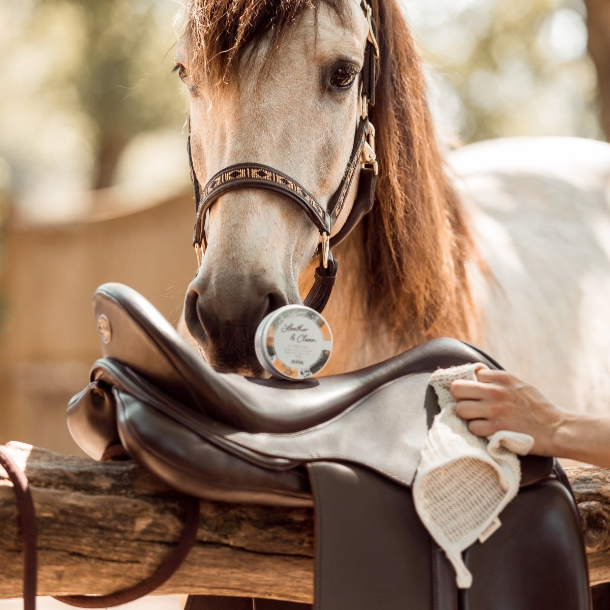 pippa cactus cloth schoonmaak doekje voor het ledervet terwijl het gebruikt wordt op een zadel.